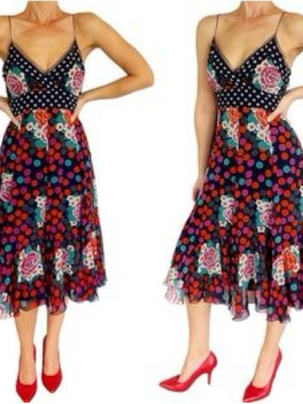 Vivienne Tam Silk Navy Red Floral & Polka Dot Spaghetti Strap Slip Dress Summer